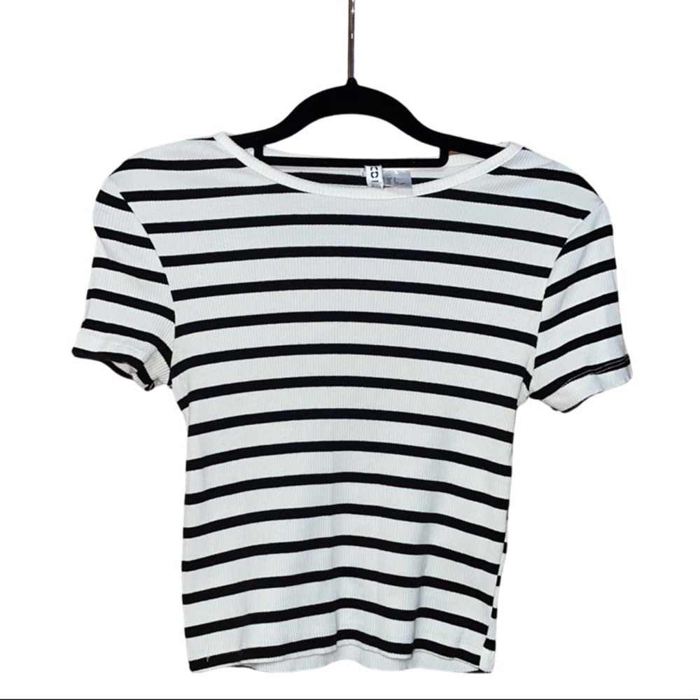 Divided Striped Scoop Neck Crop Top - White & Black - Size S